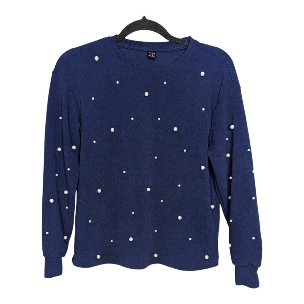 Shein Womens Size XS Navy Blue Pearl Beaded Studded Long Sleeve Blouse Top Shirt
